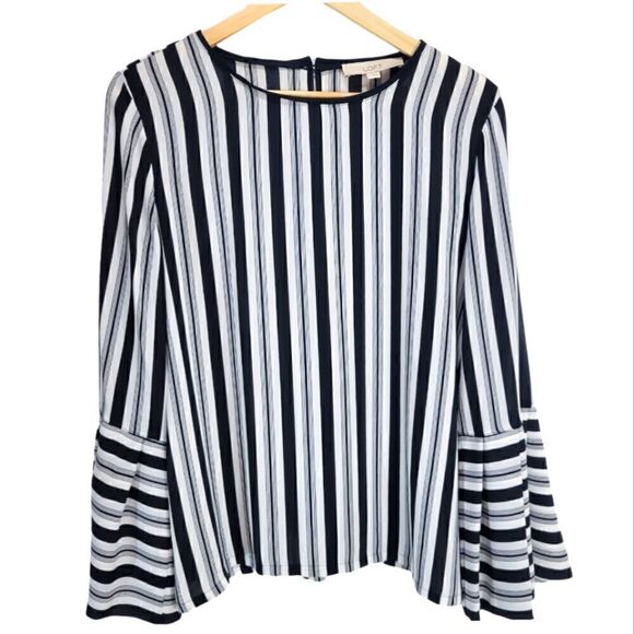 LOFT Flared Bell Sleeves Blouse in black and white stripes. - Picture 1 of 7